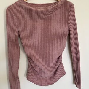 Women's Mauve Dusty Pink Long Sleeve Ribbed w Ruched Sides & Sleeves/Scoop Neck